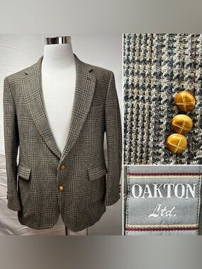 Vintage Oakton Men’s 46R Tweed Tan Brown Plaid Sport Coat Blazer Jacket